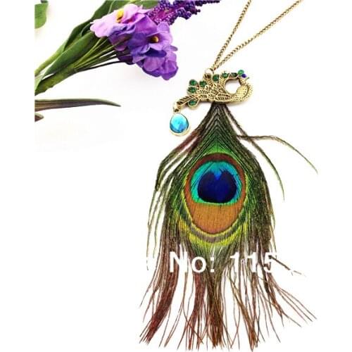 New Cute style Colorful Dimante peacock feather necklaces & pendants