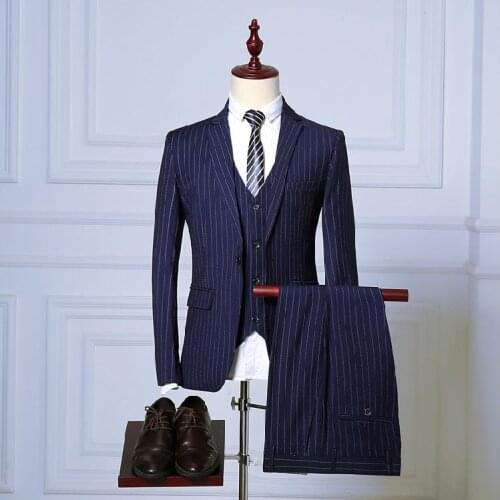 Jacket+Pants+Vest) SUIT MEN 2018 High Quality Fashion Male Wedding Suit ,Stripe Mens Dress Business Suits Three Pieces Terno