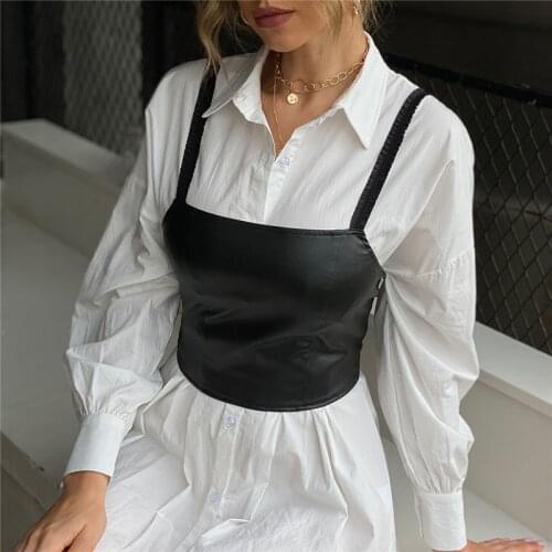 Summer Street Clubwear Vest Ladies Sexy PU Leather Sling Straps Camisoles Solid Black Backless Elastic Zipper Crop Tops Women