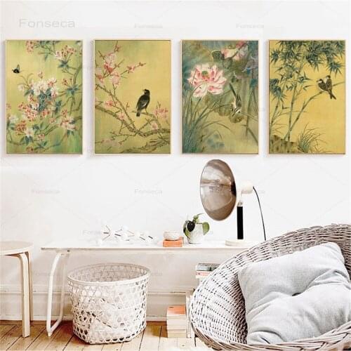 Chinese Style Plant Flower Birds Ink Canvas Painting Vintage Wall Art Picture for Living Room Home Decoration Posters and Prints