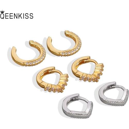 QEENKISS EG632 Jewelry Wholesale Fashion Woman Girl Birthday Wedding AAA Zircon Simplicity 18KT gold White Gold Hoop Earrings