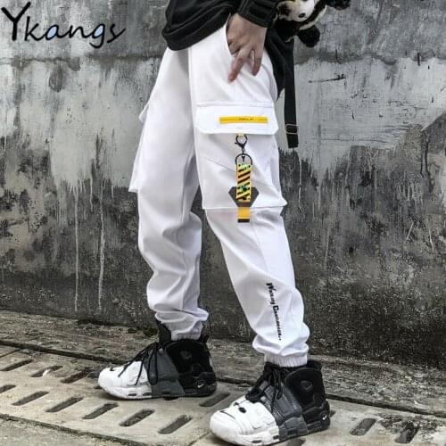 Hip Hop Joggers Cargo Pants for Women Letter Ribbons Casual Block Hit Color Pocket Track Pants Trousers Sweatpants Streetwear