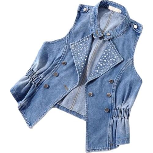 Female Jeans Jackets Waistcoats Sleeveless Vest Women Denim Jacket Spring Autumn Slim Riveting Vintage Short Denim Vests Casual
