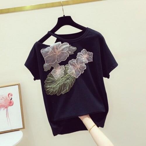 Off Shoulder Women T-shirts Hand-made Flower Embroidery O-neck Short-sleeved Casual Female Shirts Outwear Tops
