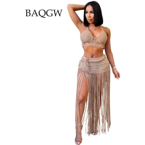 Womens Summer Hot Sale Crochet Beachwear Two Piece Suit Sexy Backless Bra + Tassel Skirt Party Club Plus Size Matching Sets