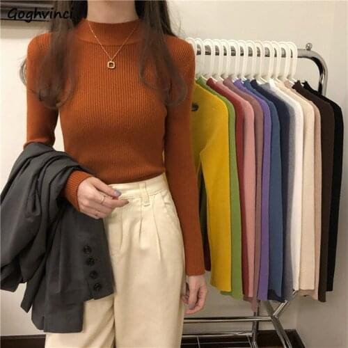 Women Pullovers Knitted Long Sleeve O-neck 15 Colors Slim Shaped Elastic Winter Harajuku Ins Korean Style Chic Soft Casual New