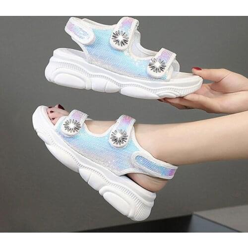 Womens Sandals 2021 Summer New Student Colorful Sequin Rhinestones Platform Sports Roman Beach Shoes