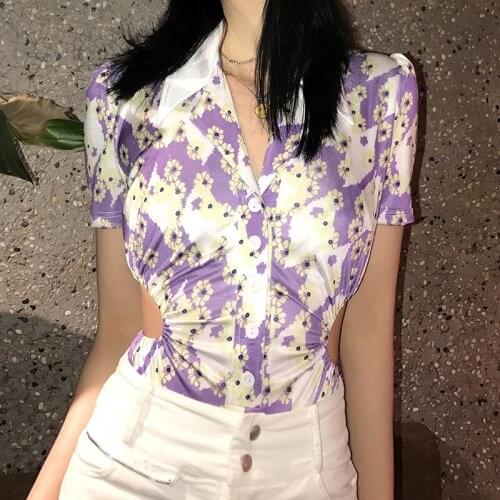 Women Sexy Bodysuits Floral Print Rompers Short Sleeve Button Down Lapel V Neck Leotard Tops Tees Clothes Female Ladies Clothing