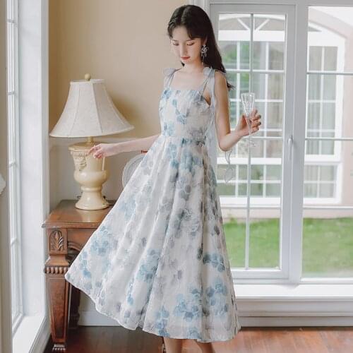 Ladies Blue Floral Gentle Fairy Dress Sweet Cute Bow Shoulder Strap Fashion Elegant Female Vintage Party Vestidos