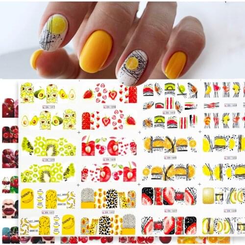 12pcs Summer fruit Style Lemon/Strawberry/kiwi/Avocado Valentines Day Russian Text Designs Adhesive Sliders Manicure Accessory