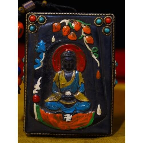 3"Tibet Temple Collection Old Natural horns Filigree mosaic Gem Dzi Bead Medicine Buddha Amitabha Amulet Pendant Town House