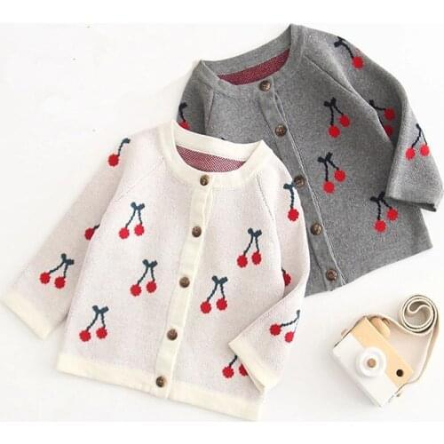 White Red Cherry Baby Girl Clothes Autumn Knitted Infant Toddler Cardigan Cotton Coats Cute Cherry Newborn Outerwear Clothes