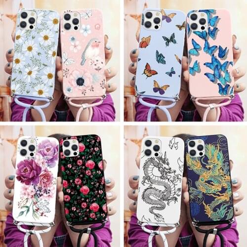 Necklace Lanyard Rope Flower Case For Xiaomi Poco F3 X3 Pro NFC Note 5 6 9c 8 8T 9s Mi A3 F3 A1 A2 9T 9 SE 10T Pro Cover Fundas