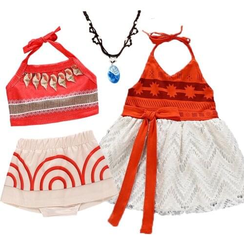 Summer Kids Vaiana Dress Little Girl Moana Cosplay Costume and Necklace Baby Girl Halloween Christmas Costume 1-5 Years