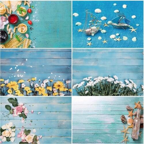 Blue Wooden Board and Flowers Fruit Starfish Backdrop Photography Background Baby Shower Celebration Photo Booth Studio Decor