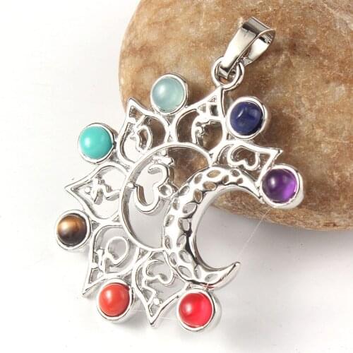 FYSL Silver Plated Crescent Moon Many Colors Stone Beads Pendant 3D Symbol Healing Chakra Jewelry
