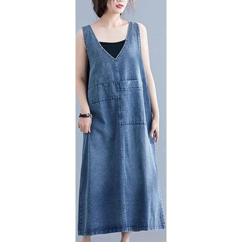 Plus size Blue Denim Sleeveless Vest Dress 2019 Spring Summer Women V-neck Patch Pocket A-line Maxi Jeans Dresses Female G367