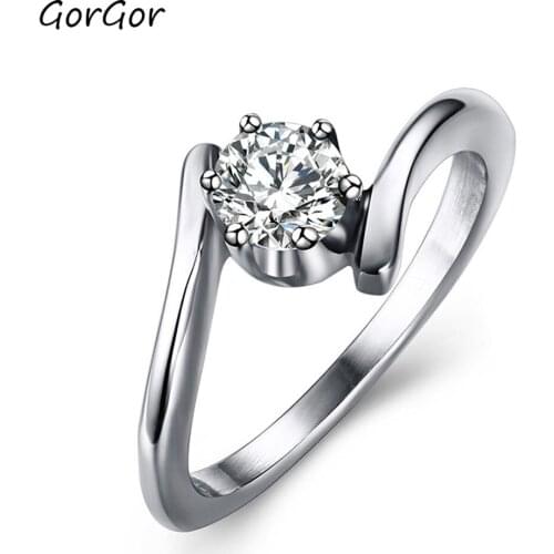 GorGor Women Rings Prong Setting Rhinestones Distortion Design Simple Titanium Steel Ladies Fashion Weddings Jewelry RC-024