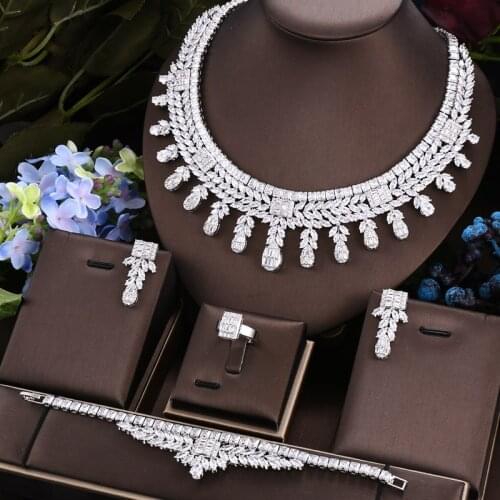 Janekelly 4pcs Bridal Zirconia Full Jewelry Sets For Women Party, Luxury Dubai Nigeria CZ Crystal Wedding necklace sets
