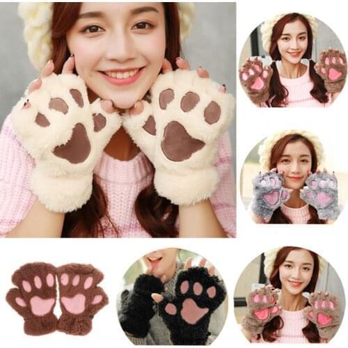 Kawaii Cute Women Bear Cat Claw Paw Mitten Plush Gloves Short Finger Half Gloves Ladies Warm Half Cover Female Gloves Winter
