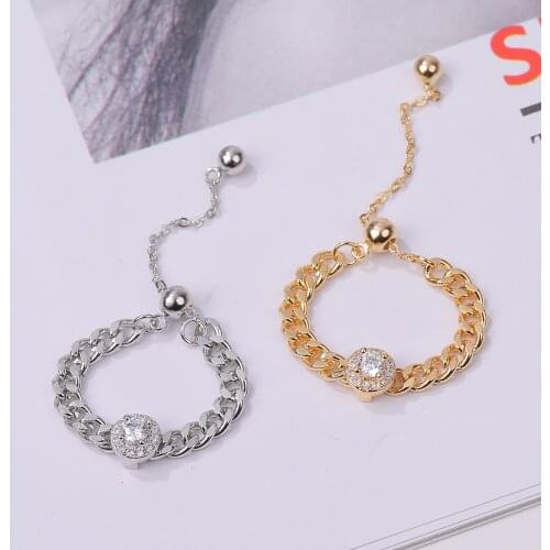 Hot sale Trendy Womens Fashion Brass Chain Ring Round Zircon Adjustable Elastic Pull Ring Jewelry Accessory For Daily life