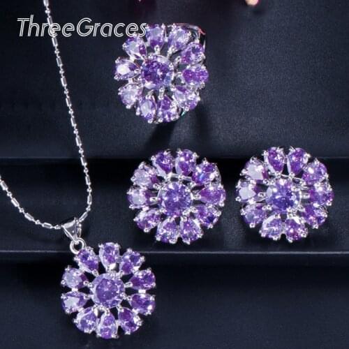 ThreeGraces Romantic Purple Amethyst Flower Necklaces Earrings Ring Cubic Zircon 925 Sterling Silver Ladies Jewelry Sets JS504