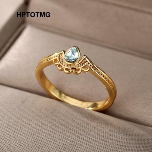 Gold Water Drop Zircon Ring for Women Men Stainless Steel Vintage Geometric Finger Rings Women Fashion Jewelry Party Gifts anel