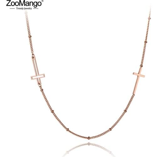 ZooMango Religious Titanium Stainless Steel Double Cross Choker Necklace For Women Rose Gold Chain Link Pendant Necklace ZN19173