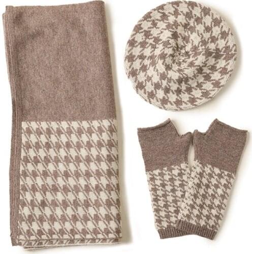 Three-piece 100 Pure cashmere hat gloves scarf sets Women fashion 2020 new autumn and winter knitted houndstooth