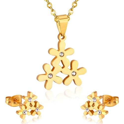 LUXUKISSKIDS Stainless Steel Jewelry Sets For Women Bridal Dubai Flower Crystal Earrings Necklace Jewellery Set Accessories
