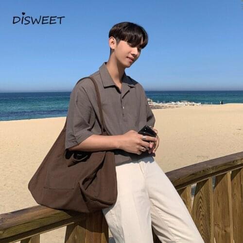 Solid Lapel Shirt Mens Korean Single-breasted Short-sleeved Loose Shirt Boy Simple Slim Summer Shirt Men