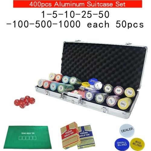 100~500 Casino Las Vegas Pokers chip Clay poker chips set Aluminum Suitcase with Playing cards&Dealer Buttom& Cloth LasVegas
