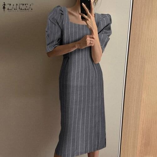ZANZEAE Female Split Square Neck Robe Femme Belted 2021 Legant Striped Dress Puff Sleeve Midi Vestidos Womens Summer Sundress