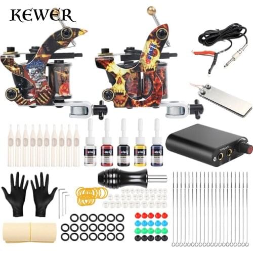 Complete Tattoo Kit 2 Aluminium Alloy Coils Tattoo Machine Gun Practice Leather Power Supply Professional Permanent Makeup Set