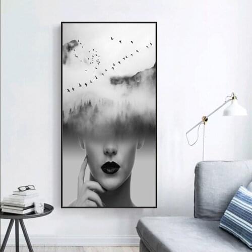 Nordic Canvas Wall Picture Abstract Mountain Forest Fog Woman And Gray Landscape Painting Art Print Minimalist Poster Home Decor