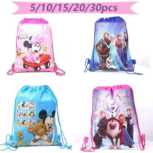 Disney Mickey Minnie Mouse/Frozen Priness/Theme Non-woven Drawstring Bags Kid Birthday Party Decor Child Travel School Bag Decor