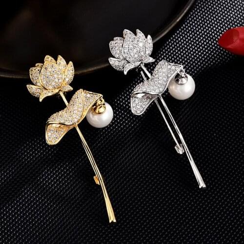 High Grade Korean Flower Brooch Clothing Accessories Coat Pin Custom Lotus Copper Micro Inlaid Zircon Jewelry Brooch
