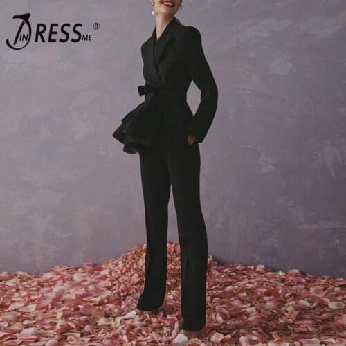 INDRESSME Full Sleeve Turn Down Collar Lace Up Bow Ruffled Hem Bodycon Women Pants Fashion Women 2 Piece Sets 2020 New Arrival