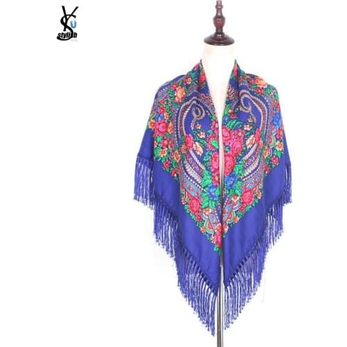 140*140cm Oversized Square Scarf Russian Brand Floral Printed Shawl Wrap Woman Cashew Headband Bandana With Long Tassel YG582