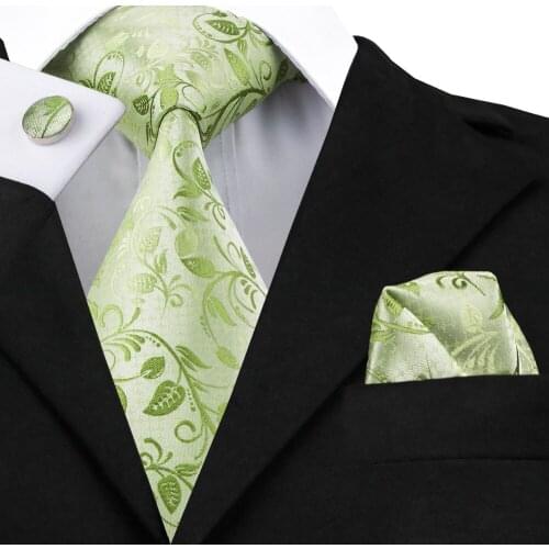 C-1162 Fashion Green Floral Necktie Hanky Cufflinks Set 100% Silk Ties For Men Formal Business Wedding Party