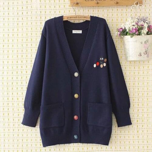 Plus size V neck embroidery loose women Cardigan sweaters jackets 2021 new winter casual ladies knitted sweater female tops navy