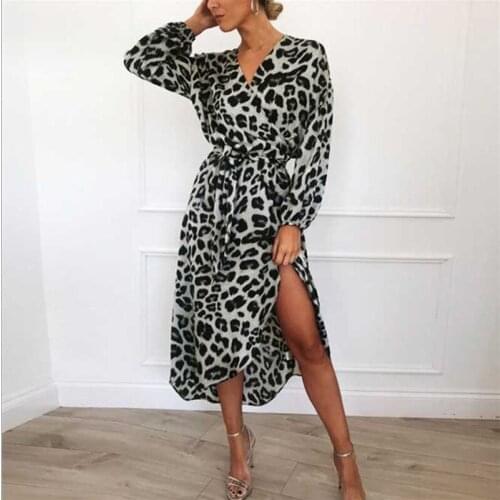 Leopard Dress 2021 Women Chiffon Long Beach Dress Loose Long Sleeve Deep V-neck A-line Sexy Party Dress Vestidos de fiesta
