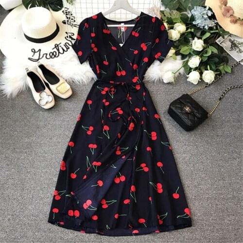 Fashion 2020 Summer New Women Dresses Elegant Casual Short Sleeve Ladies Dresses Slim Cherry Floral Chiffon Dress Women Vestidos