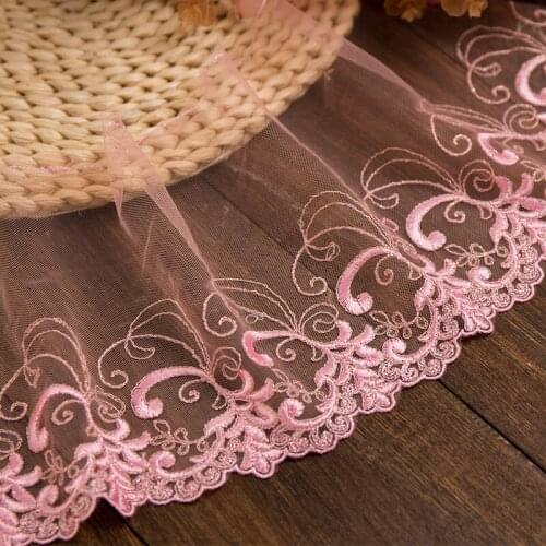 15Yards Embroidery Lace Trim Pink 15cm Width Fabric Guipure Mesh Ribbon Dress Clothing Sewing DIY Free Shipping