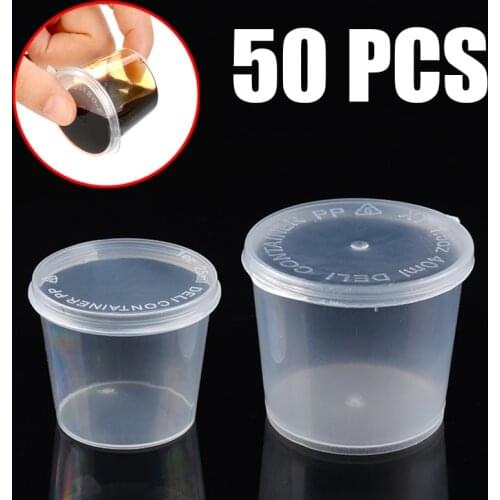 50pcs/set Clear Plastic Small Sauce Food Cups Pocket Sauce Condiments Containers Boxes With Sealing Lids Anti Leak 1oz/1.5oz