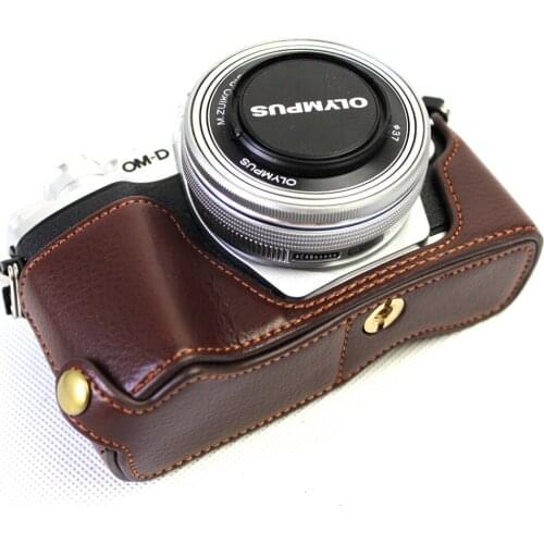 Black/Coffee/Brown Genuine Leather Half Camera Bottom Bag Case For Olympus EM10 II III E-M10 Mark II III With Battery Open Case