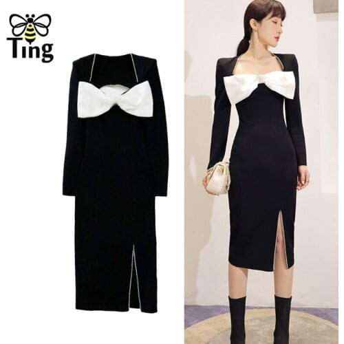 Tingfly Designer Fashion Black Knee Length Dress Hollow Cut Out Crystal Bow Decor Split Party Night Dresses Clubwear Zaful Robes
