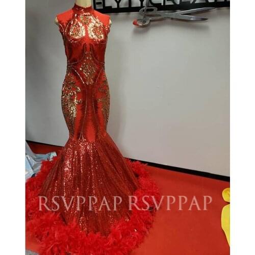 Red Mermaid Long Prom Dresses 2020 Stunning Glitter Sequin High Neck Sleeveless Feathers African Black Girl Prom Dress