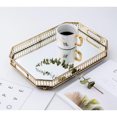 European-style Metal Frame Tray Living Room Coffee Table Decoration Ornaments Household Glass Mirror Cosmetic Storage Tray