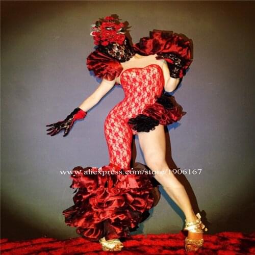 Sexy red rose flowers lace party dress dj ballroom dance costumes outfit wears bar stage show catwalk performance DS clothes